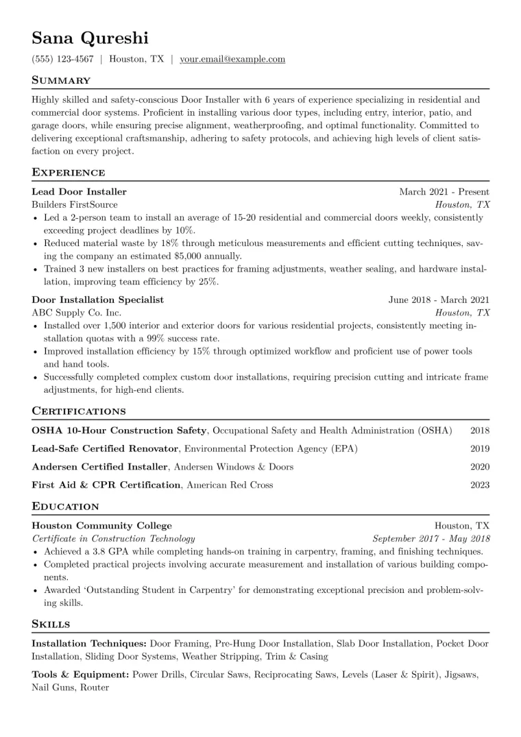 Door Installer Resume Example CV template preview
