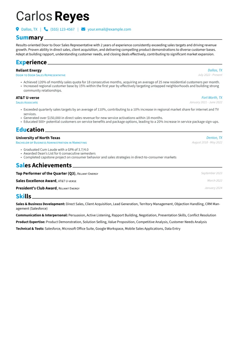 Door to Door Sales Representative Resume Example CV template preview