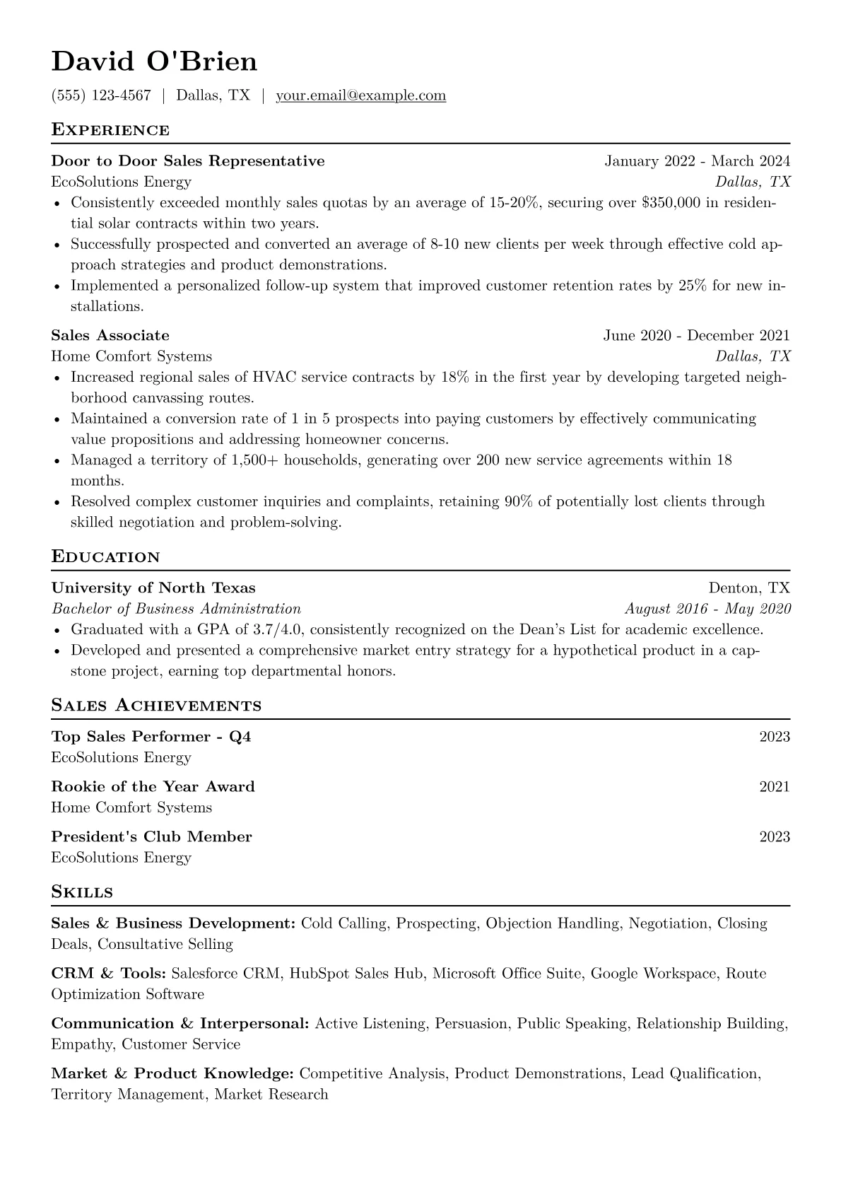 Door to Door Sales Representative Resume Example CV template - Page 1