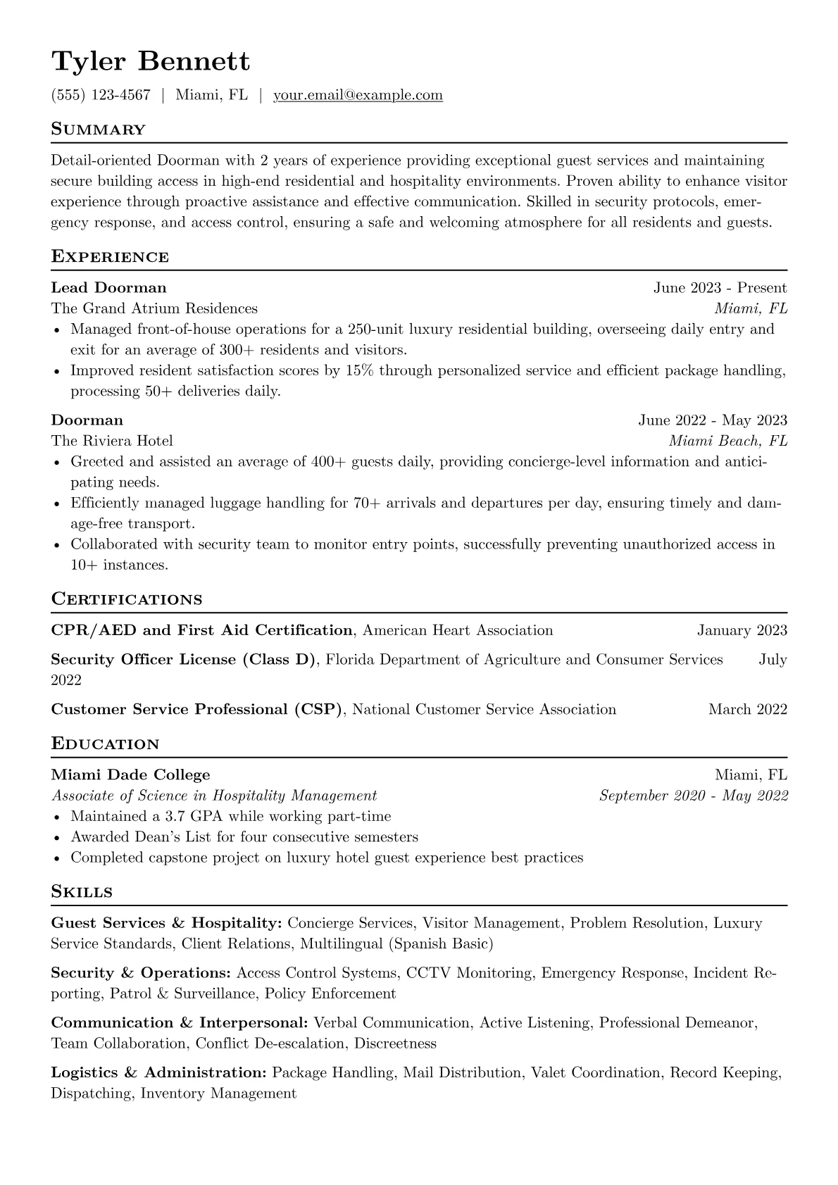 Doorman Resume Example CV template - Page 1