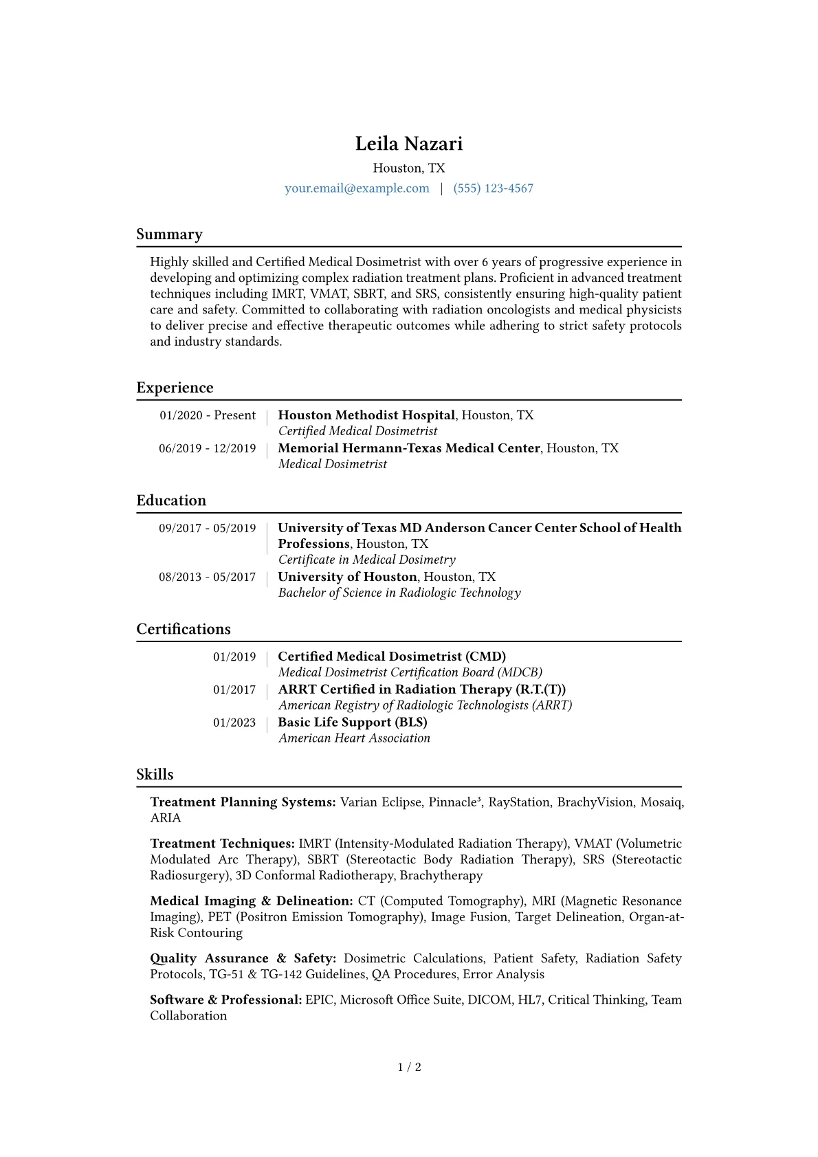 Dosimetrist Resume Example CV template - Page 1