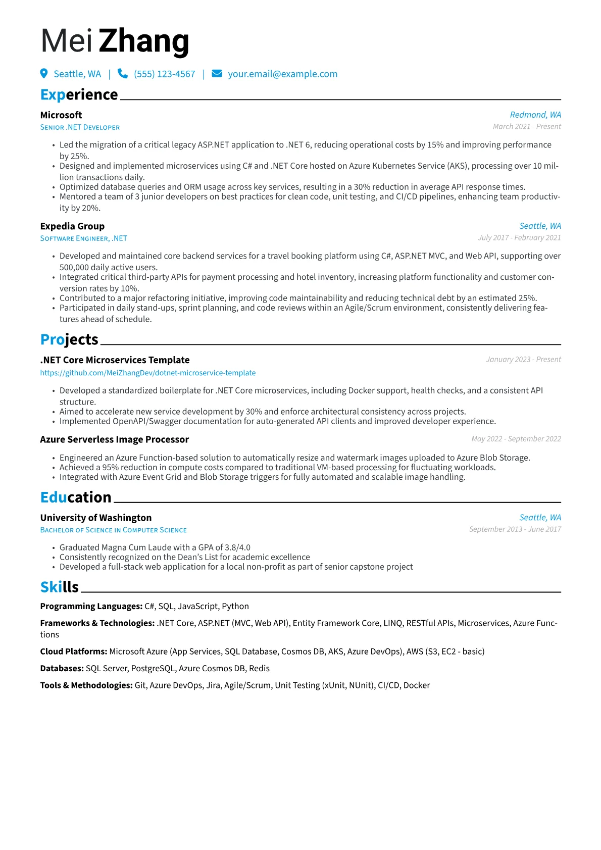 .NET Developer Resume Example CV template - Page 1