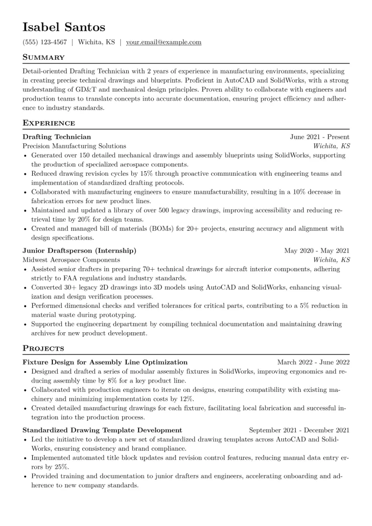 Drafting Technician Resume Example CV template preview