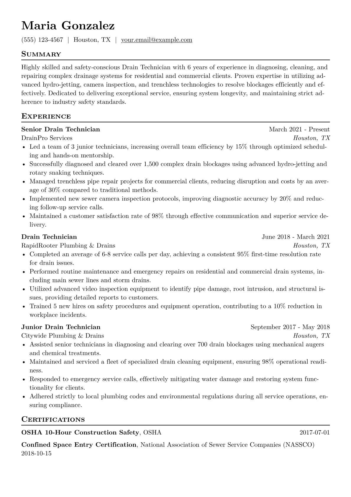 Drain Technician Resume Example CV template - Page 1