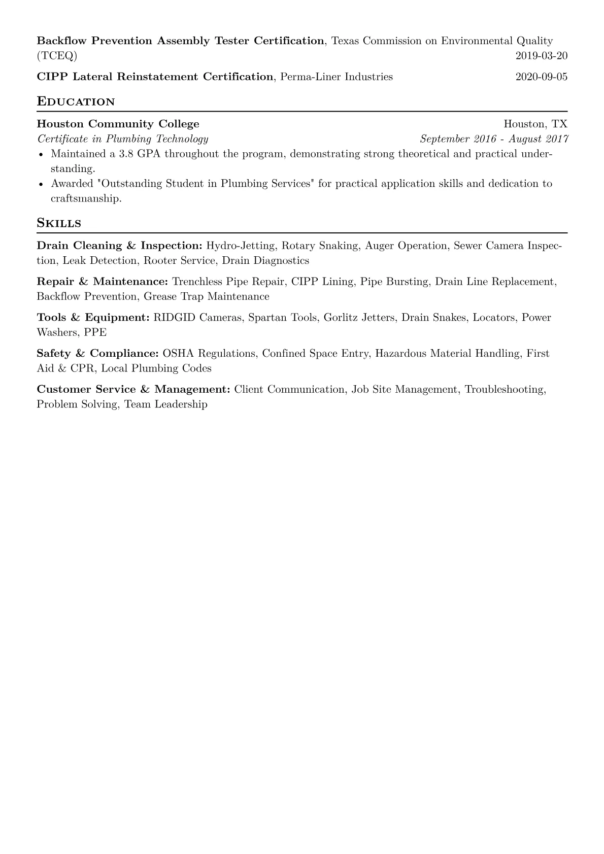 Drain Technician Resume Example CV template - Page 2