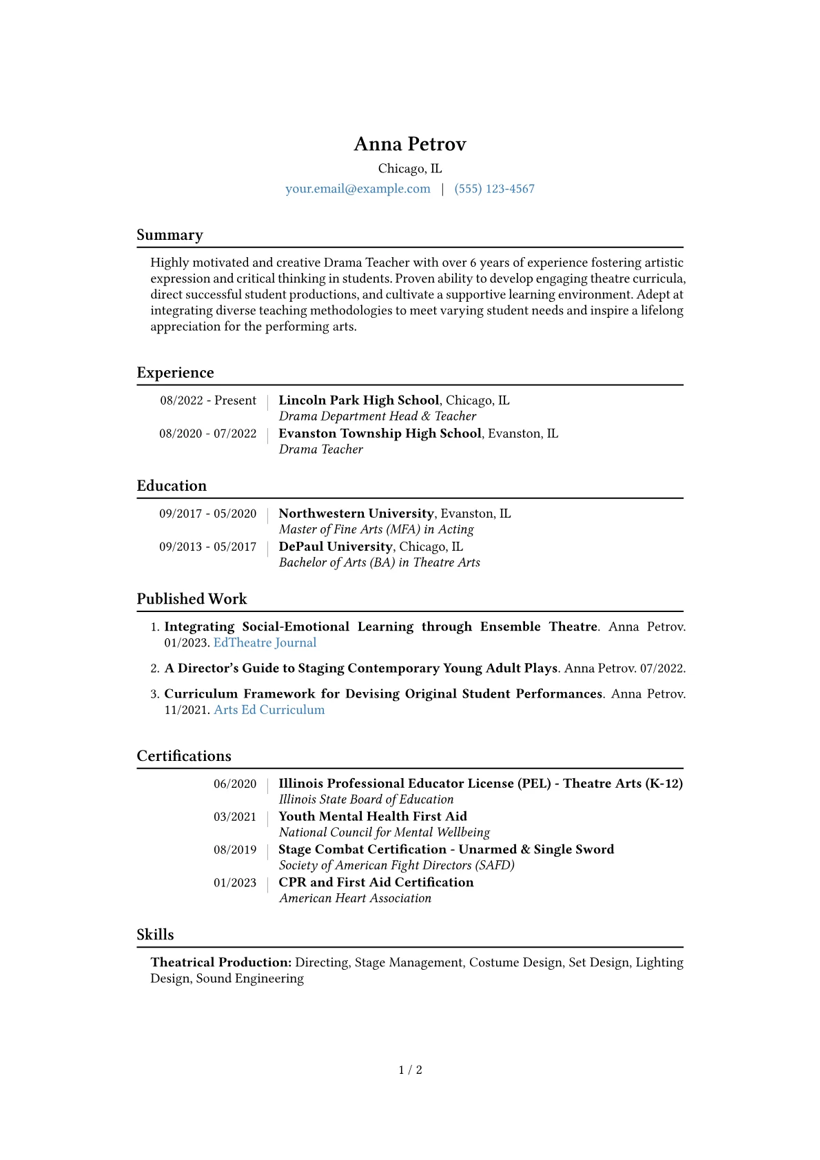 Drama Teacher Resume Example CV template - Page 1
