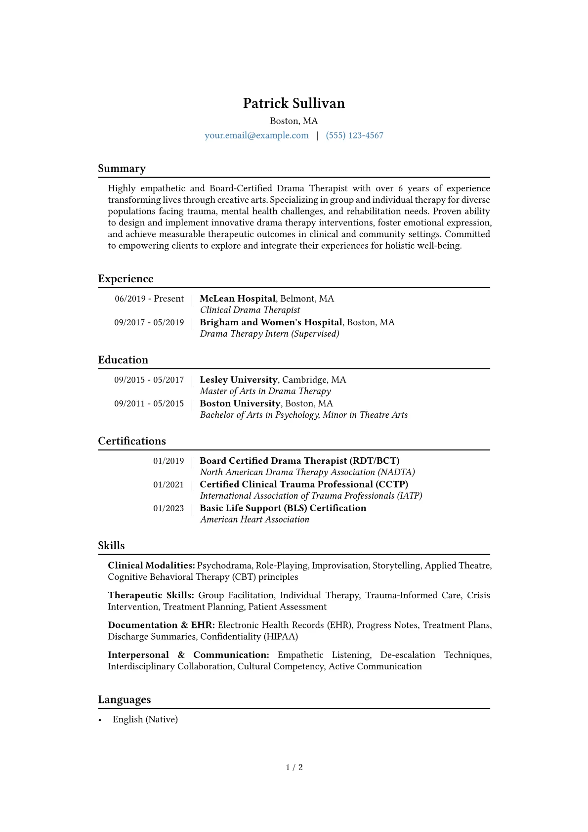 Drama Therapist Resume Example CV template - Page 1
