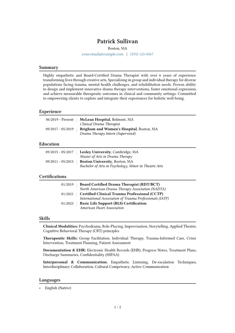 Drama Therapist Resume Example CV template preview