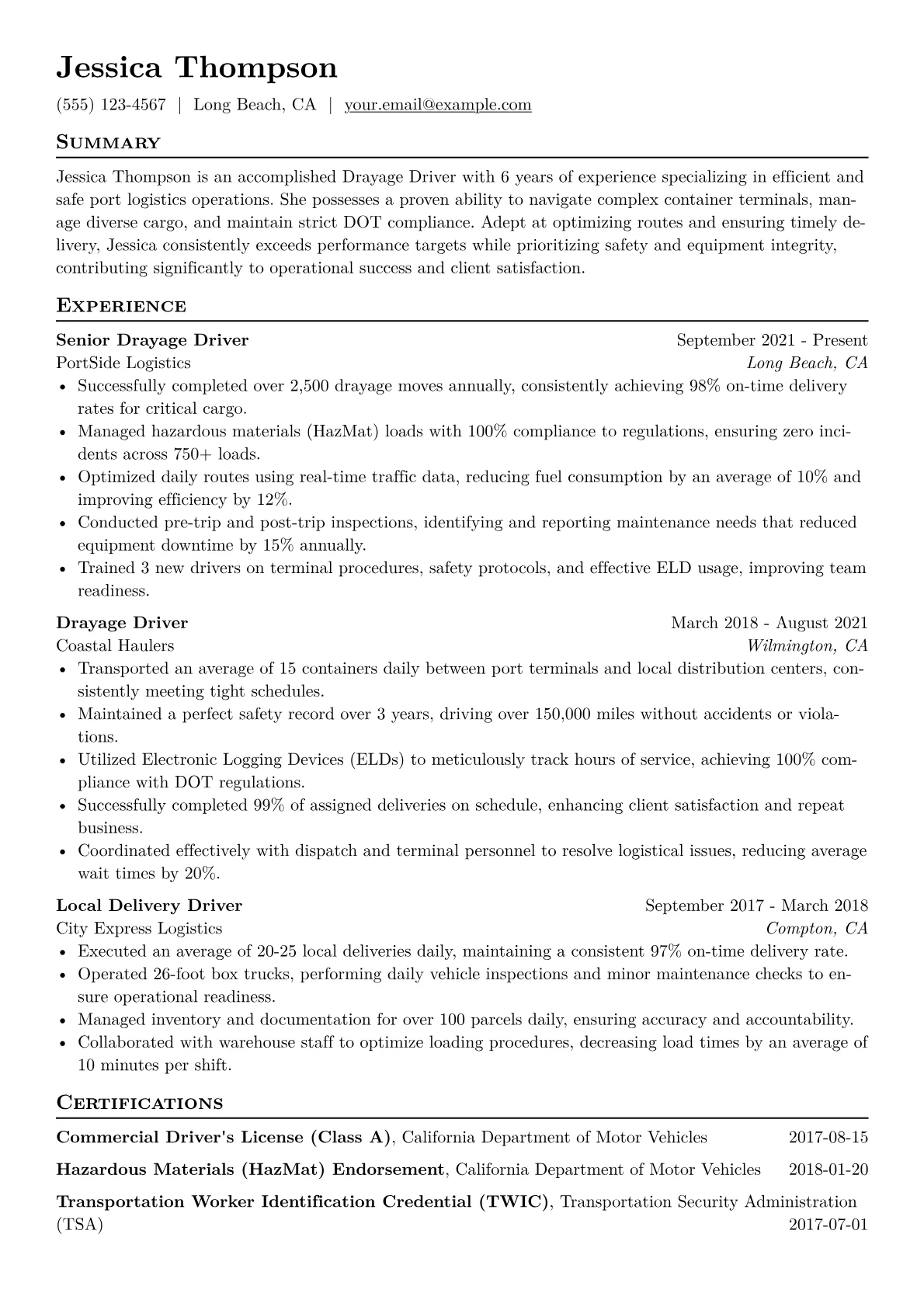 Drayage Driver Resume Example CV template - Page 1