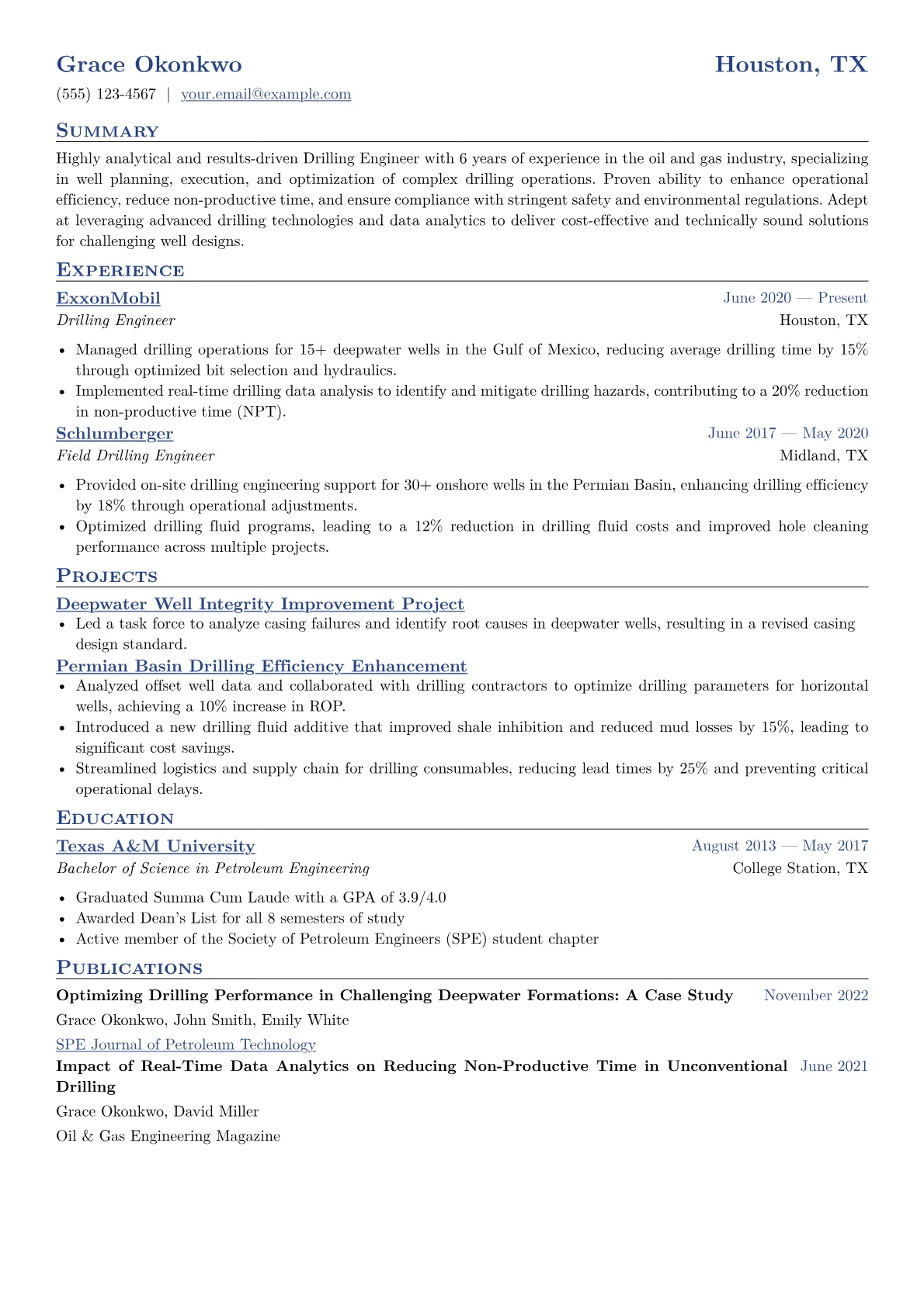 Drilling Engineer Resume Example CV template - Page 1