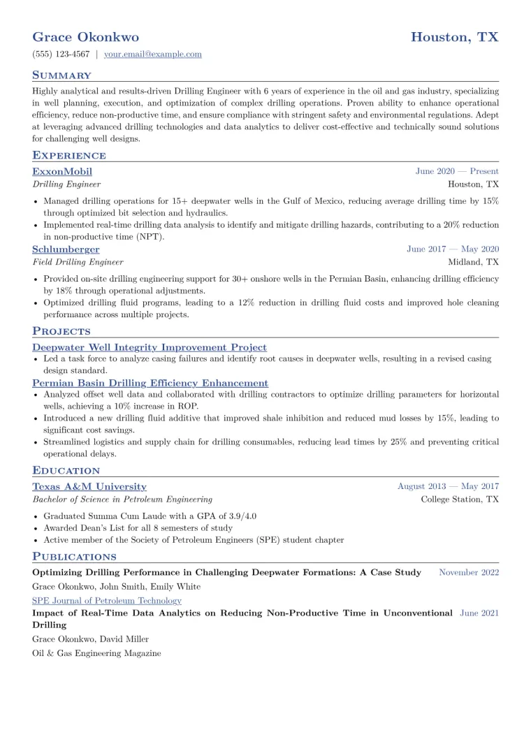 Drilling Engineer Resume Example CV template preview