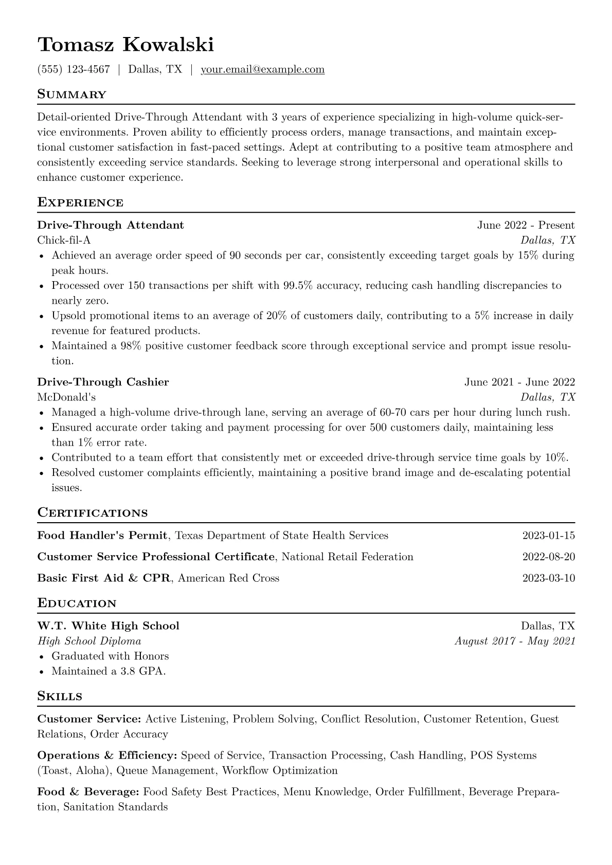 Drive-Through Attendant Resume Example CV template - Page 1
