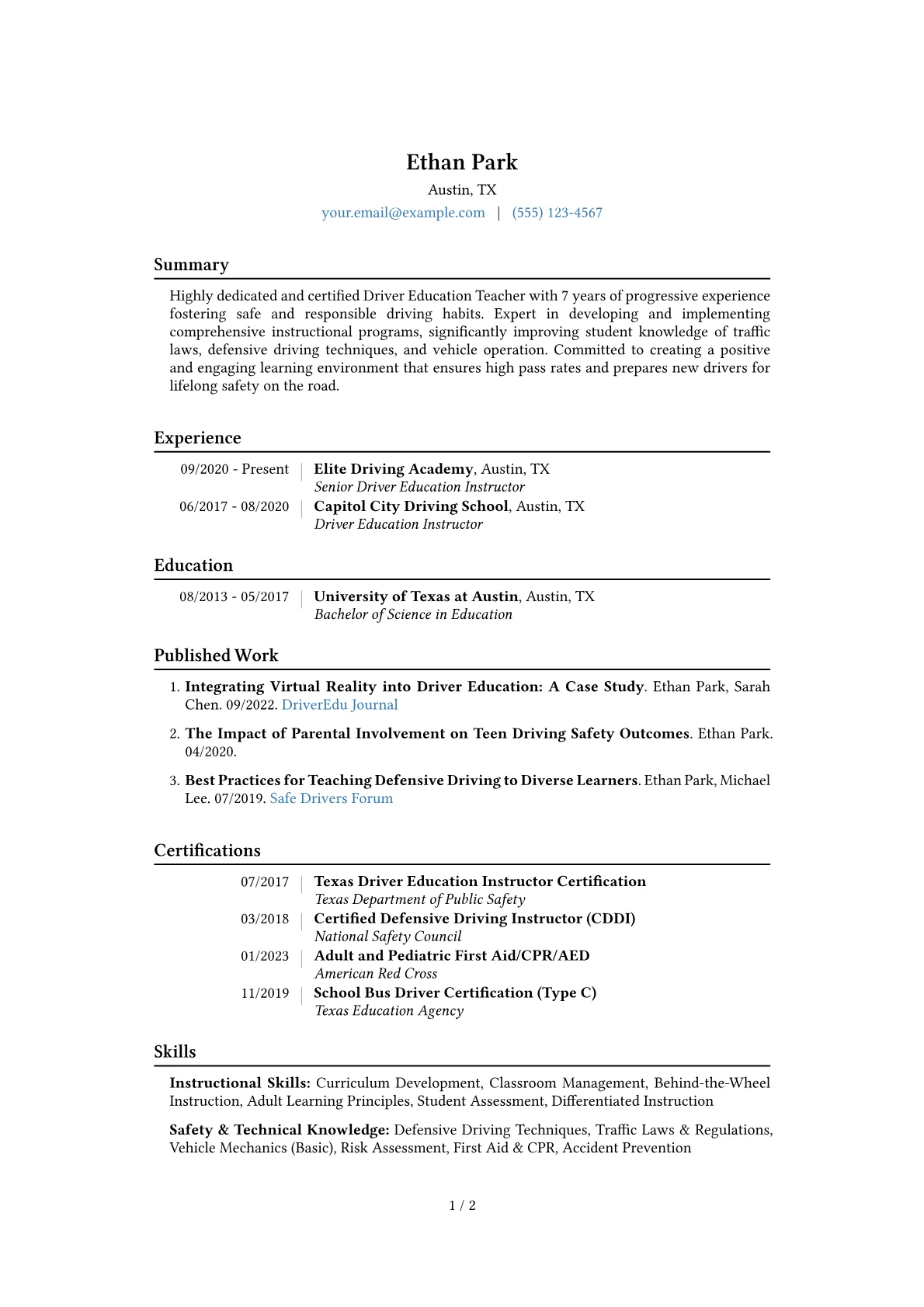 Driver Education Teacher Resume Example CV template - Page 1