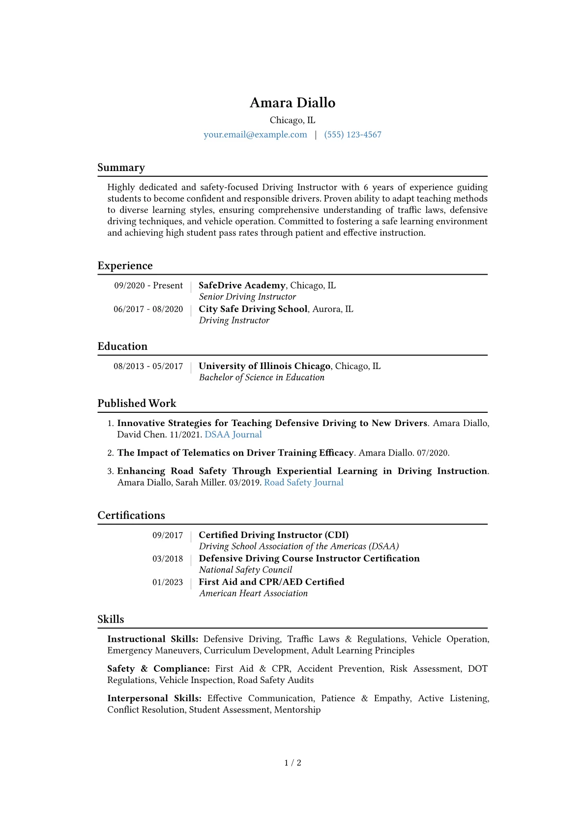 Driving Instructor Resume Example CV template - Page 1