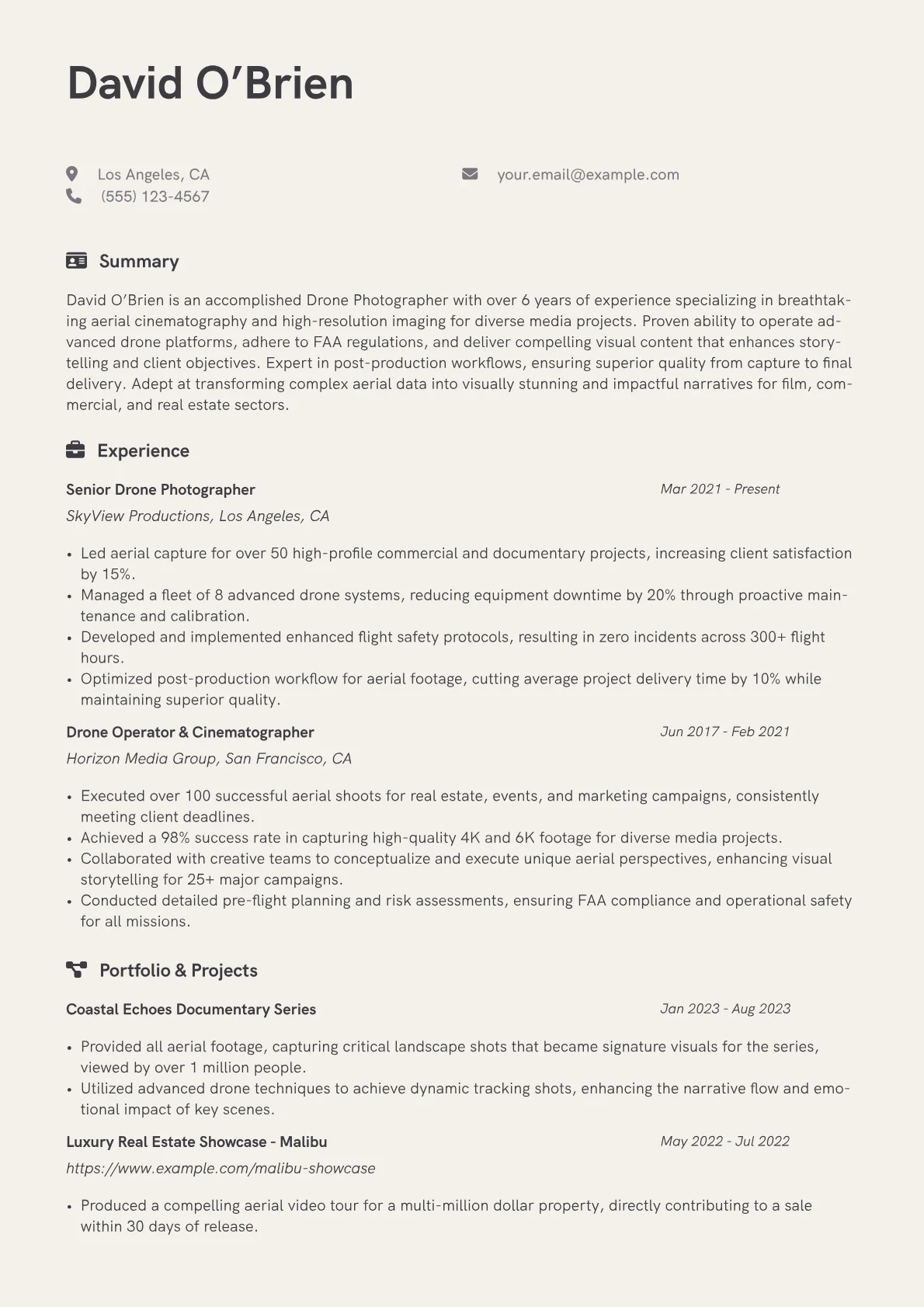 Drone Photographer Resume Example CV template - Page 1