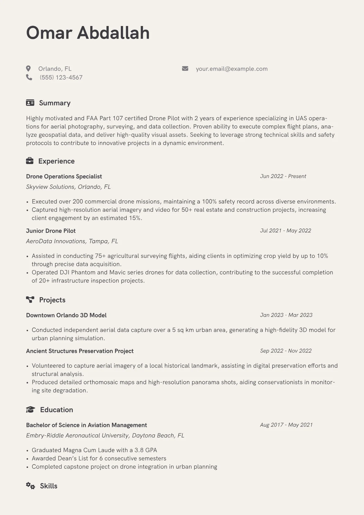 Drone Pilot Resume Example CV template - Page 1