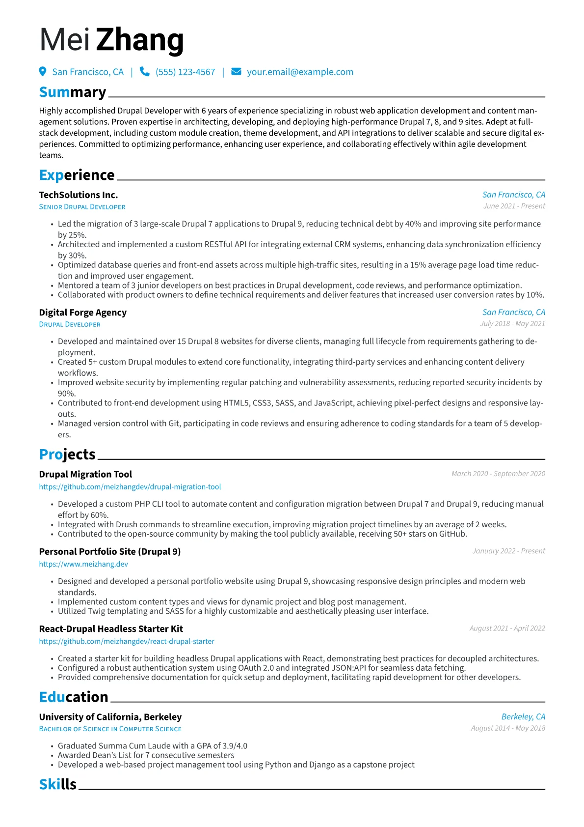 Drupal Developer Resume Example CV template - Page 1