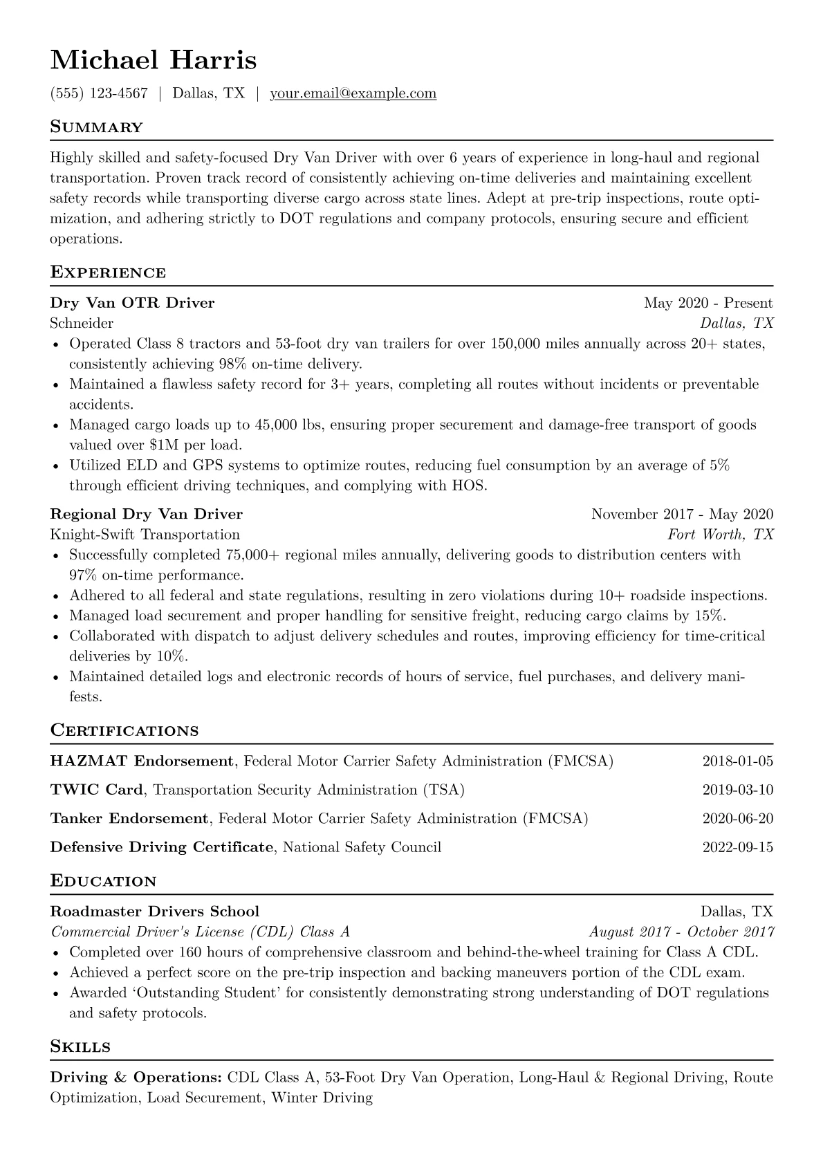 Dry Van Driver Resume Example CV template - Page 1