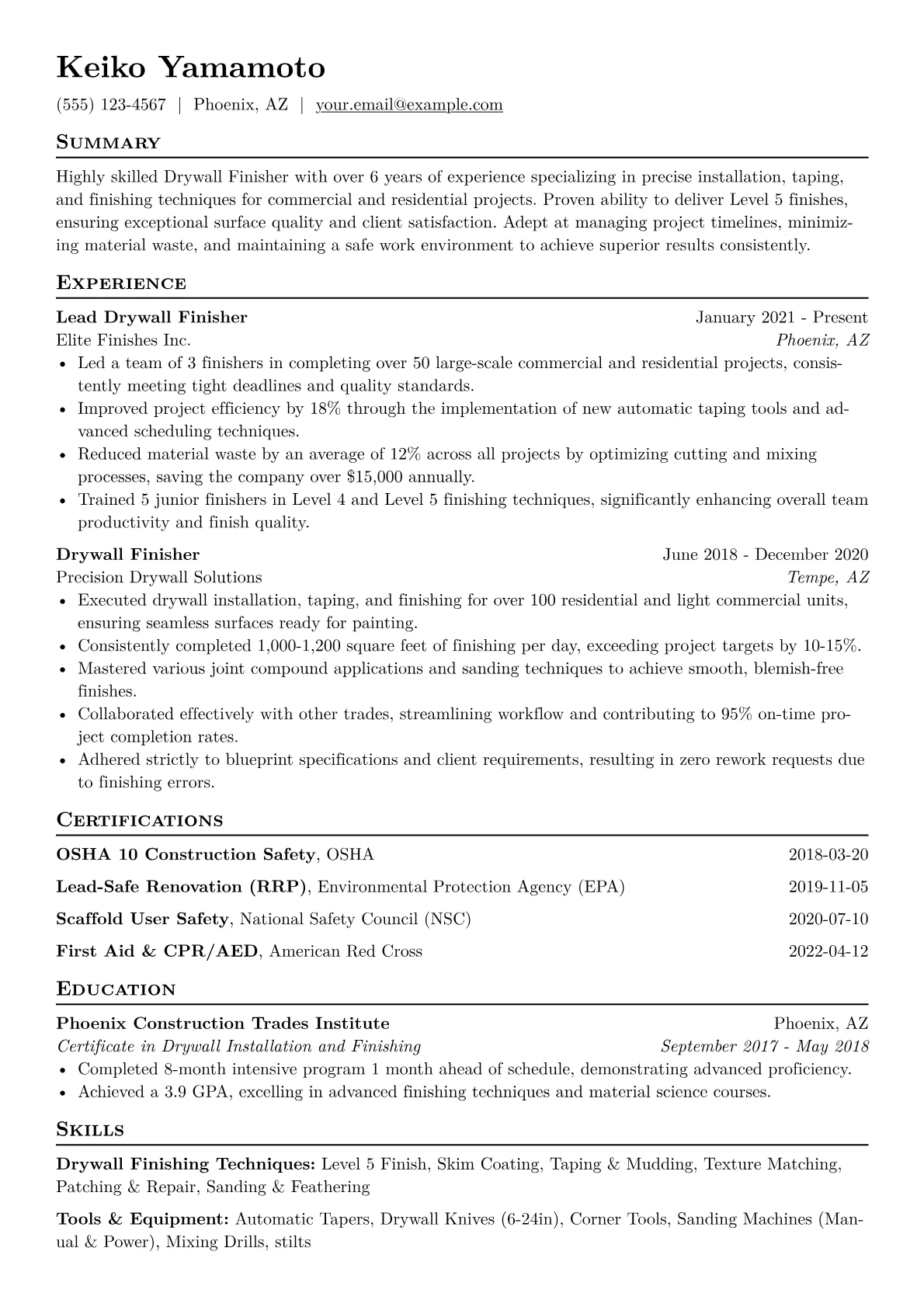 Drywall Finisher Resume Example CV template - Page 1