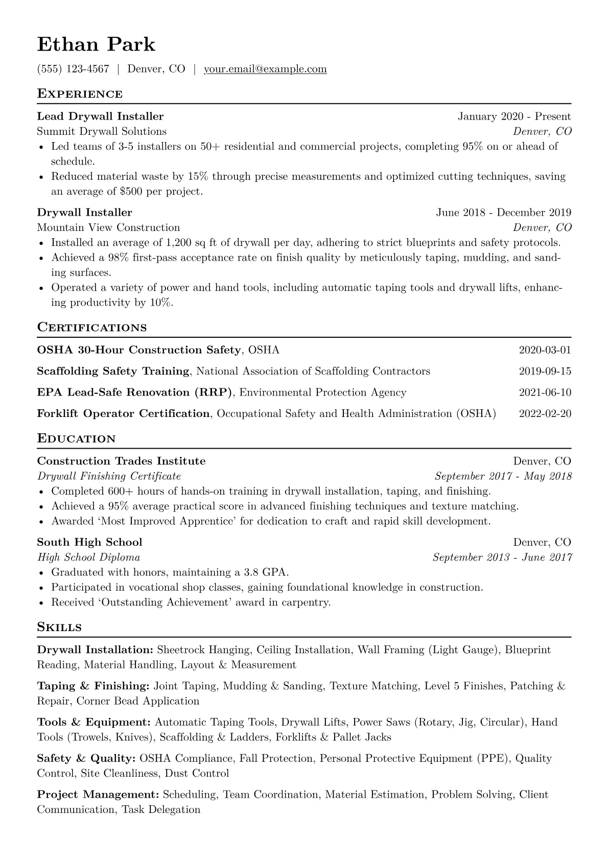 Drywall Installer Resume Example CV template - Page 1