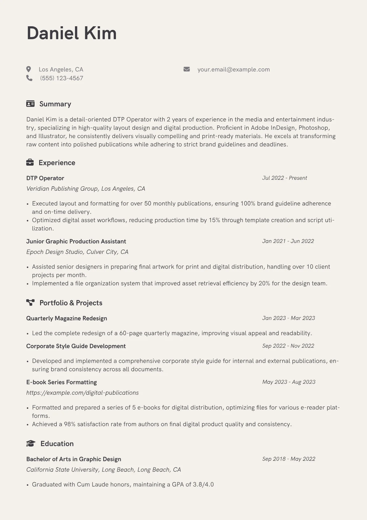 DTP Operator Resume Example CV template - Page 1