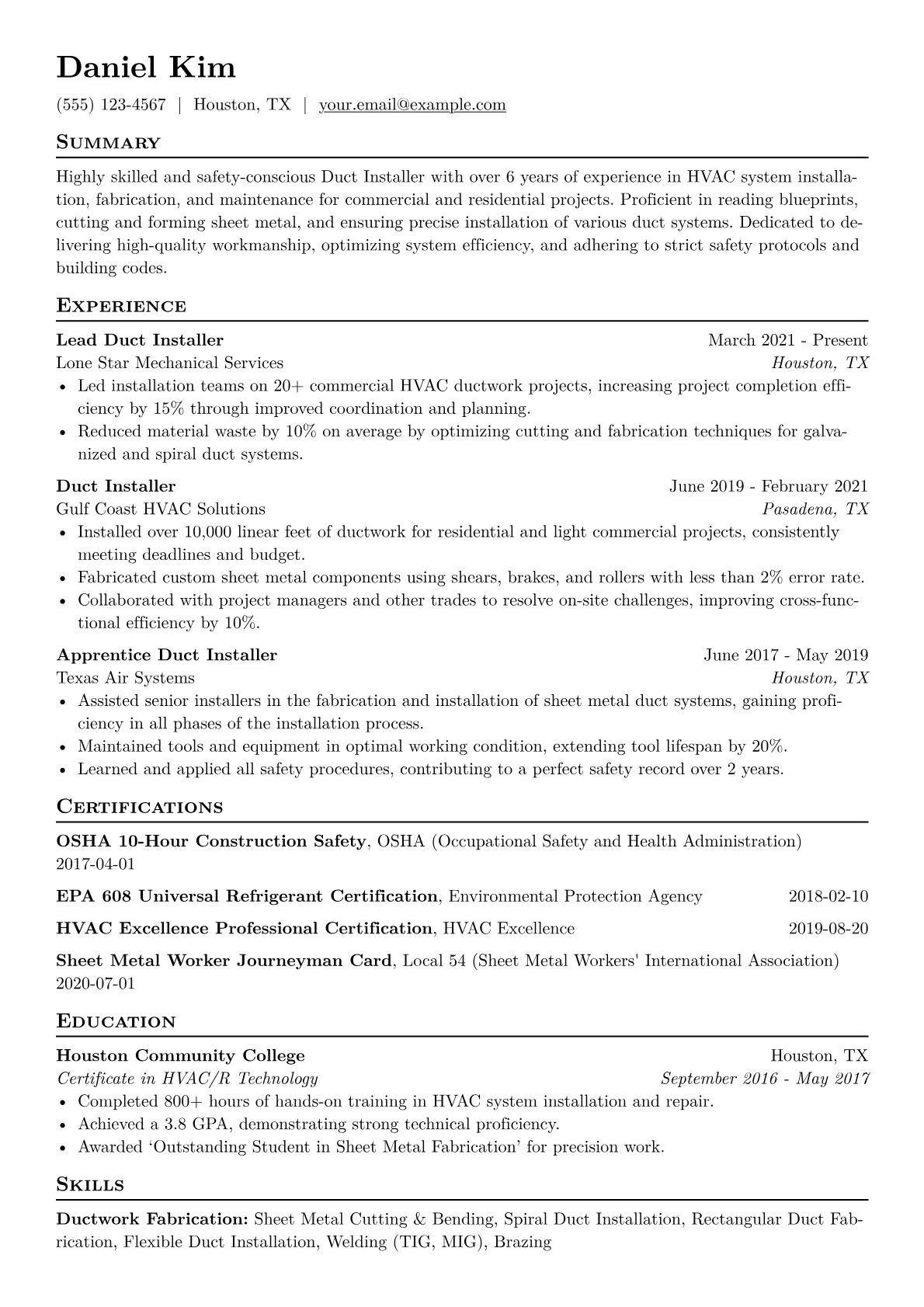 Duct Installer Resume Example CV template - Page 1