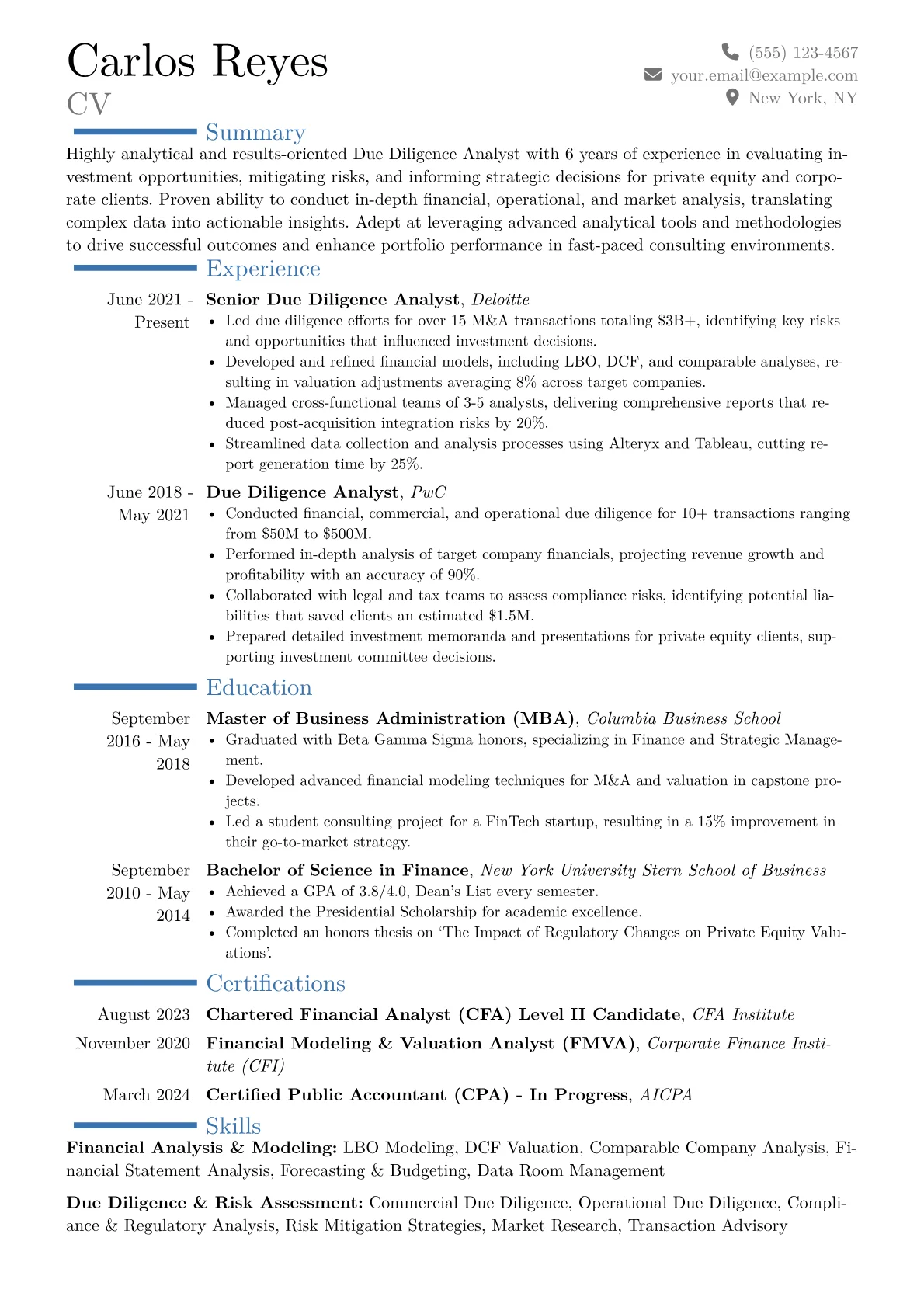 Due Diligence Analyst Resume Example CV template - Page 1