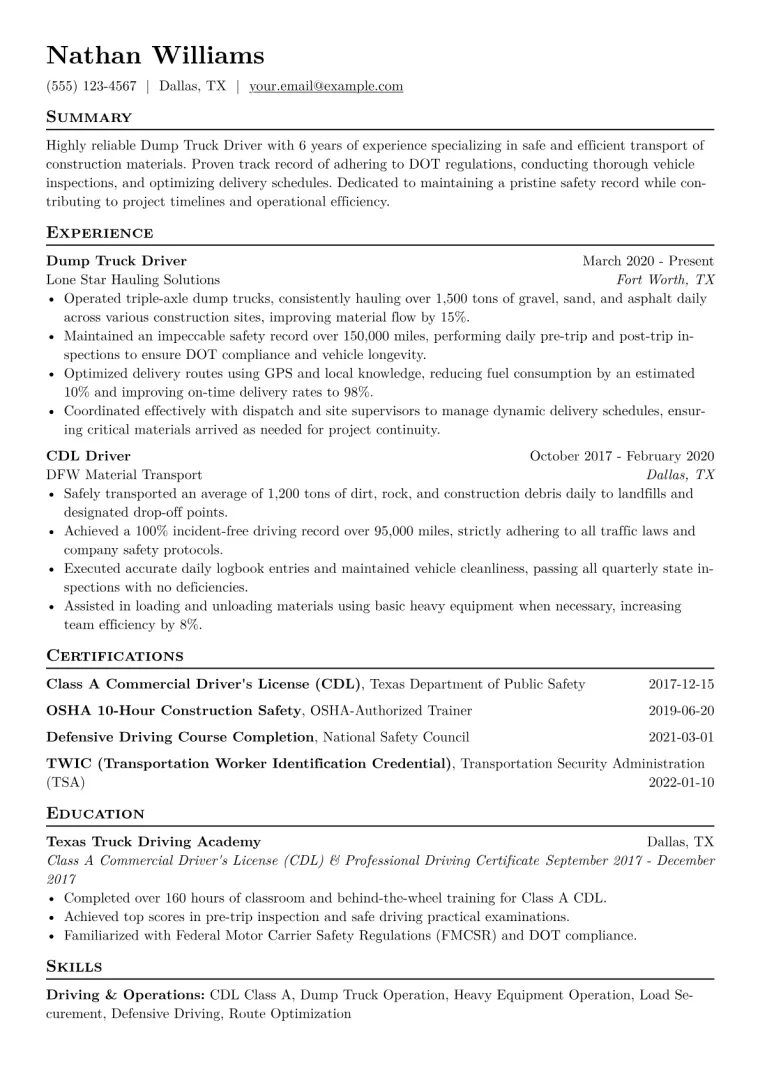 Dump Truck Driver Resume Example CV template preview