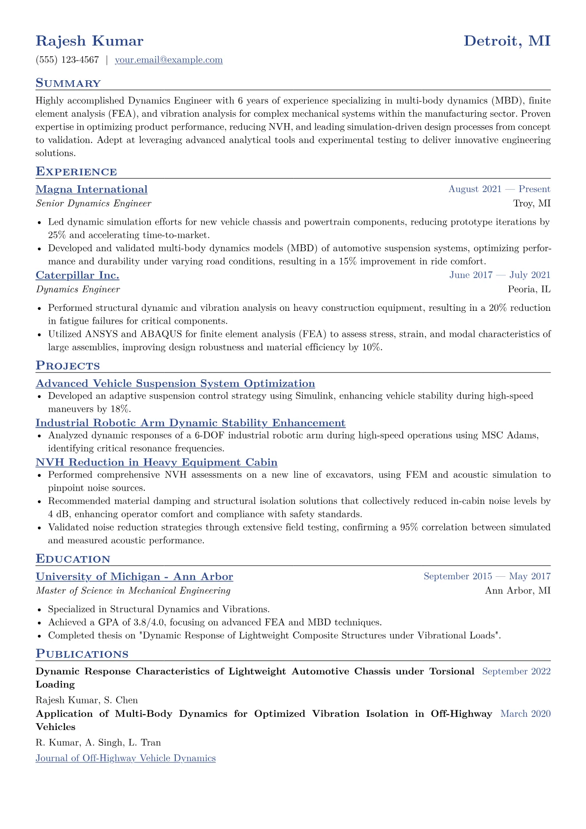 Dynamics Engineer Resume Example CV template - Page 1
