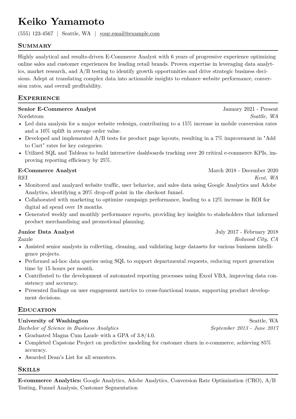 E-Commerce Analyst Resume Example CV template - Page 1