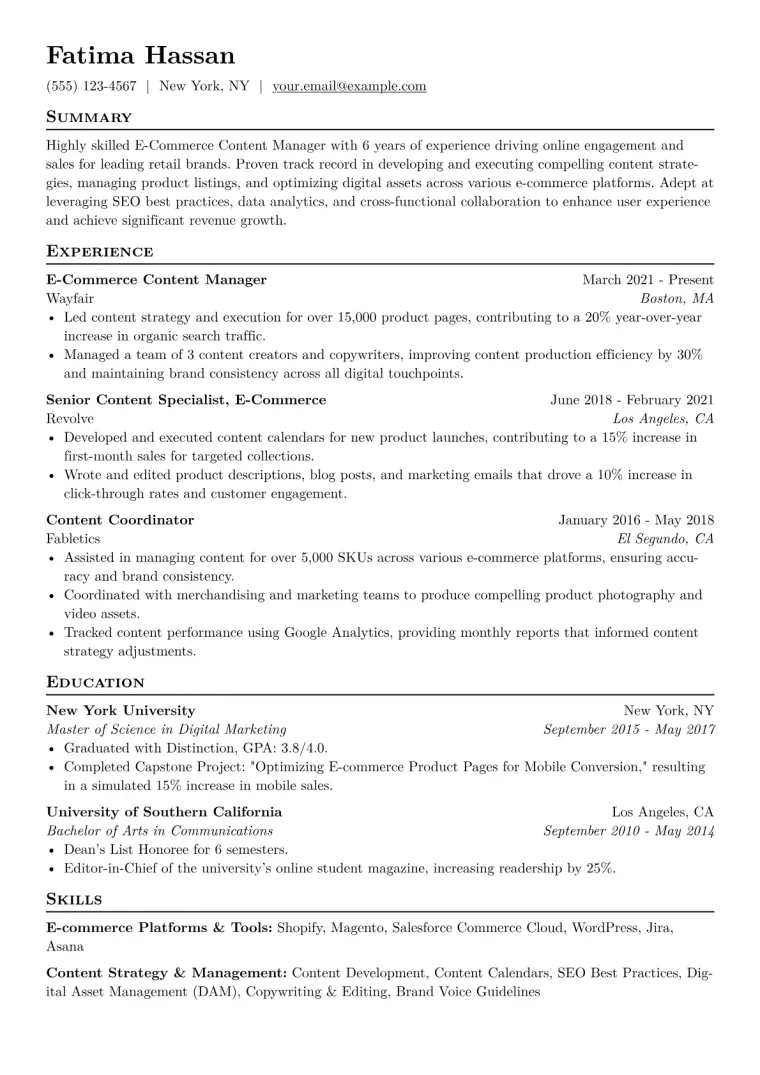 E-Commerce Content Manager Resume Example CV template preview