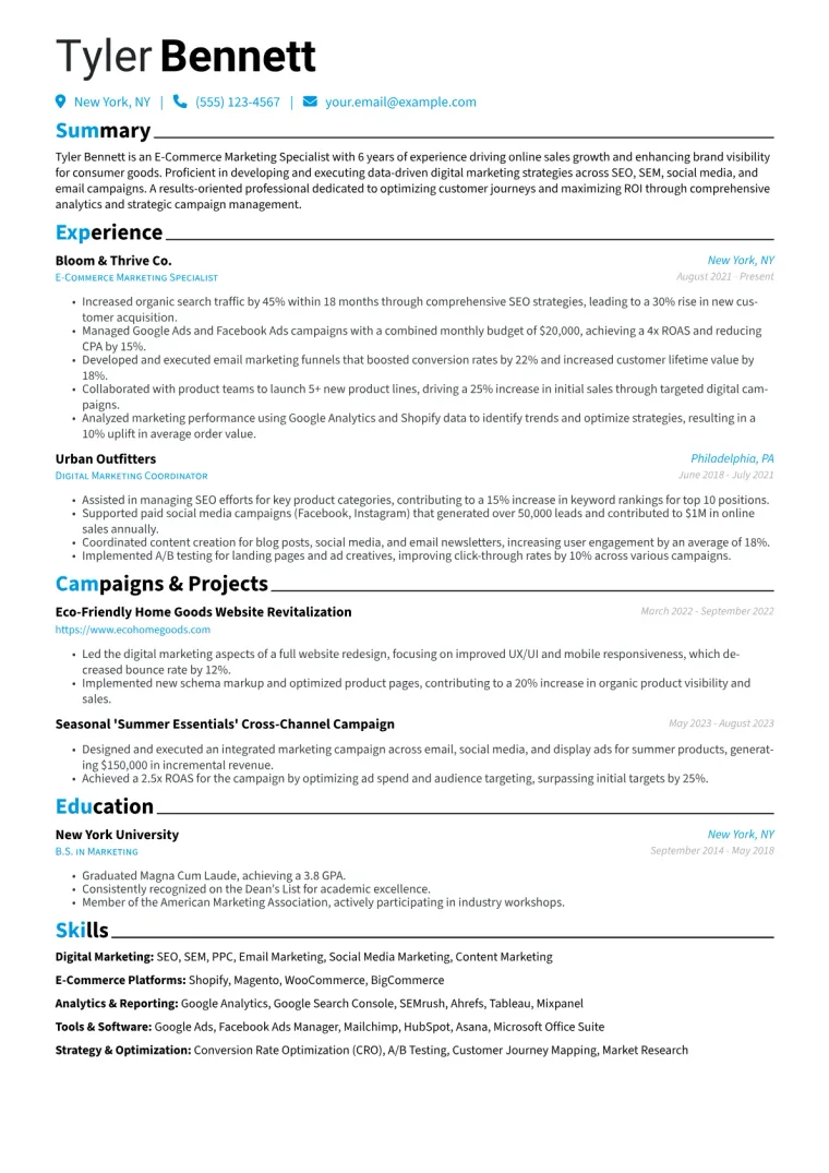 E-Commerce Marketing Specialist Resume Example CV template preview