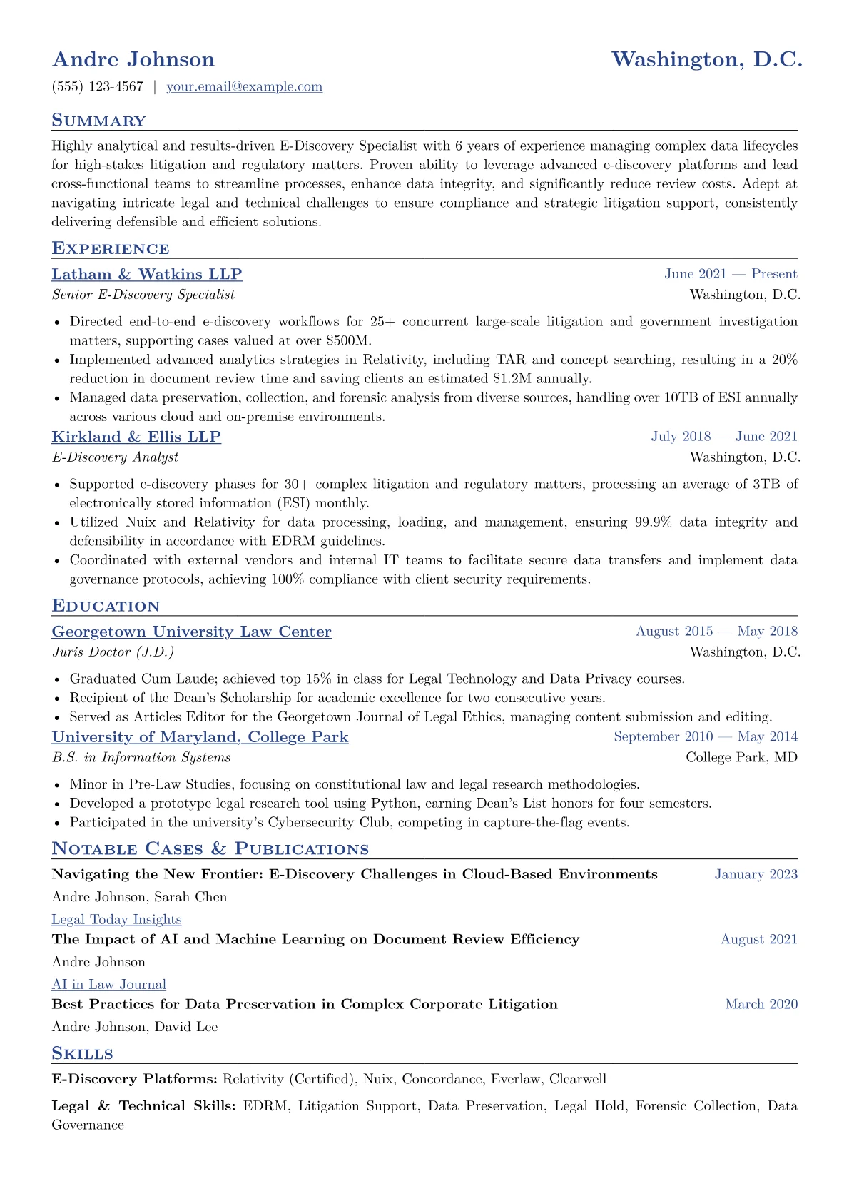E-Discovery Specialist Resume Example CV template - Page 1