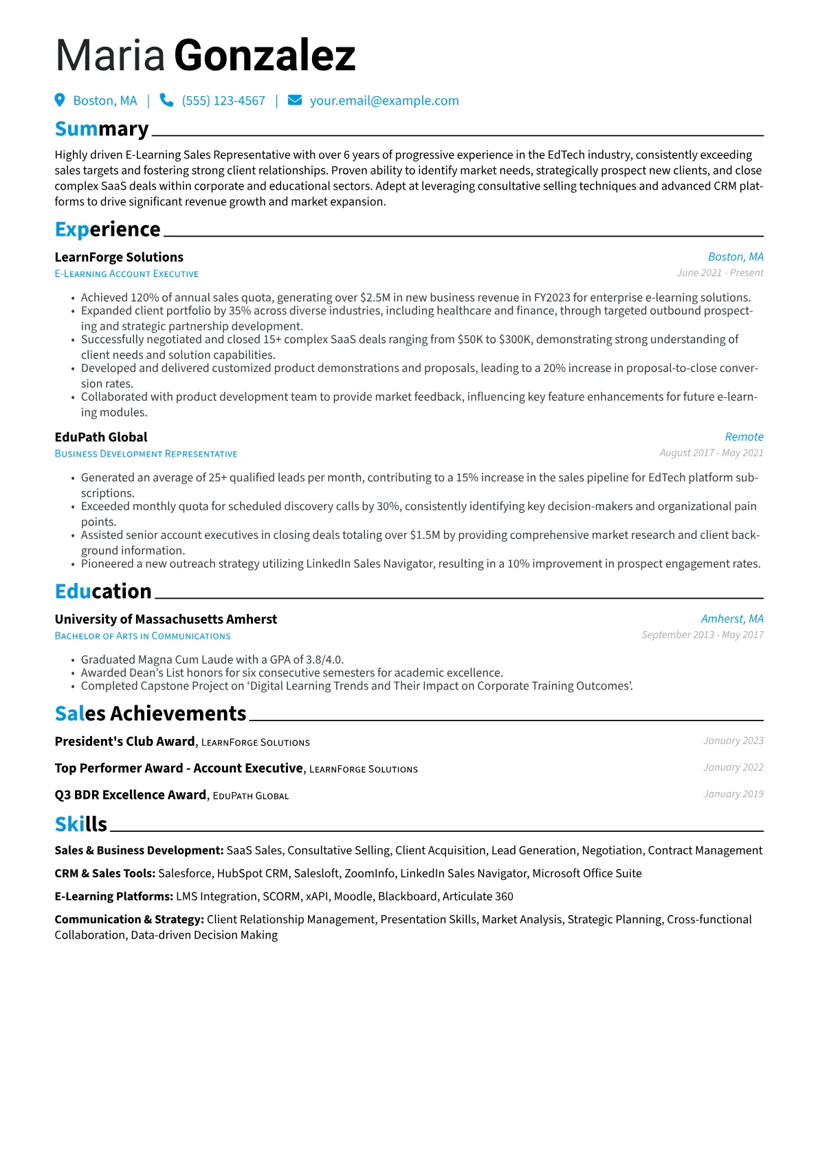 E-Learning Sales Representative Resume Example CV template - Page 1