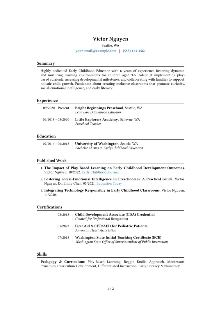 Early Childhood Educator Resume Example CV template preview