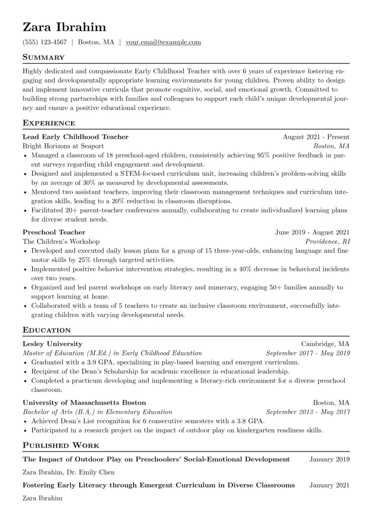 Early Childhood Teacher Resume Example CV template preview