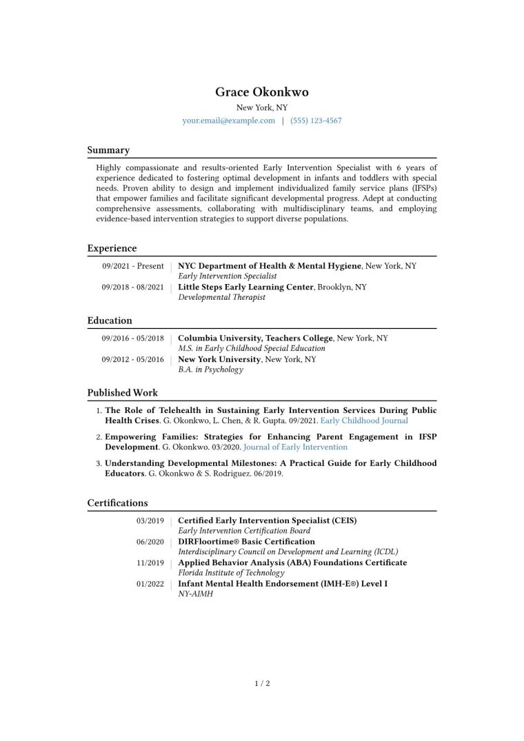 Early Intervention Specialist Resume Example CV template preview
