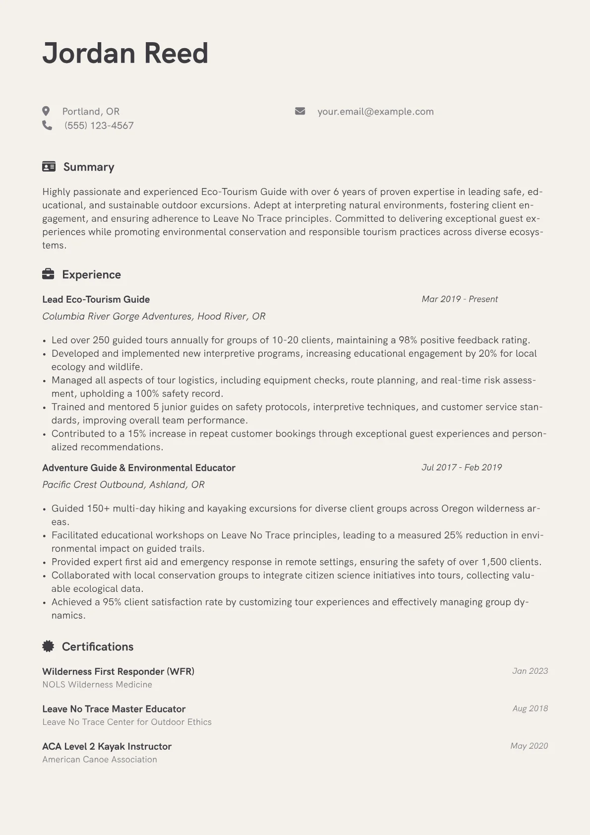 Eco-Tourism Guide Resume Example CV template - Page 1