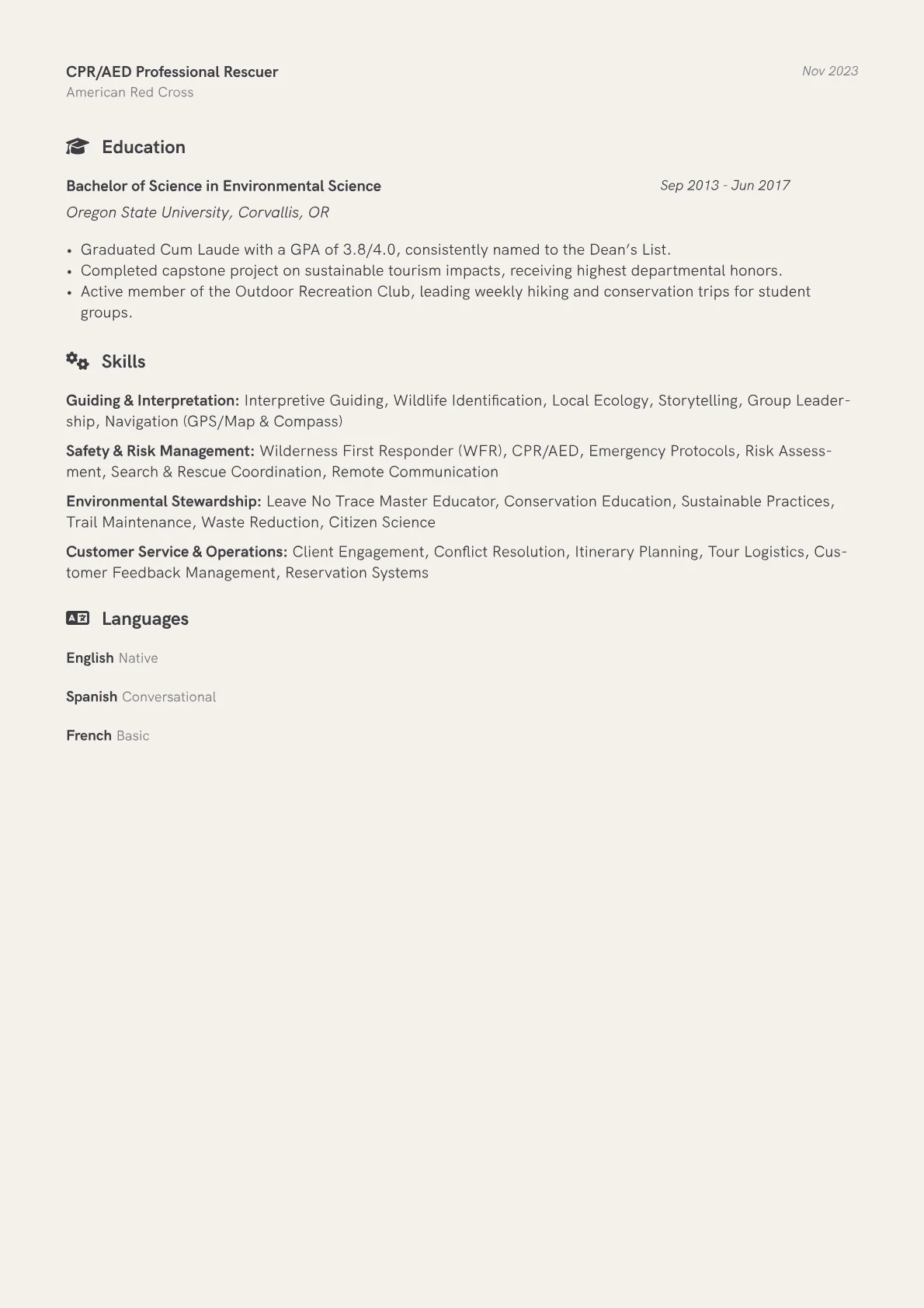 Eco-Tourism Guide Resume Example CV template - Page 2