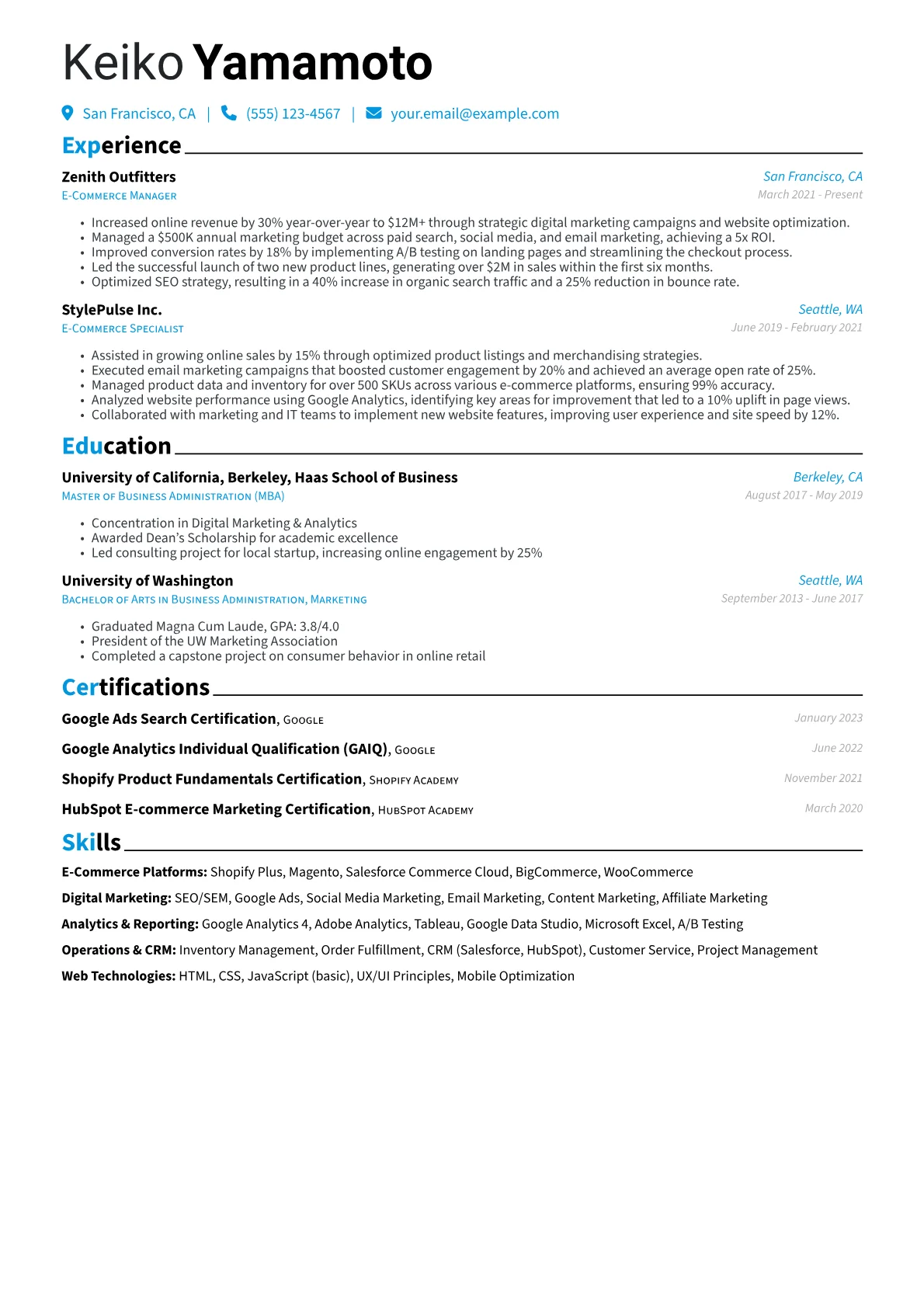 E-Commerce Manager Resume Example CV template - Page 1