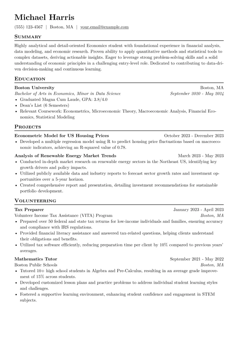 Economics Student Resume Example CV template preview
