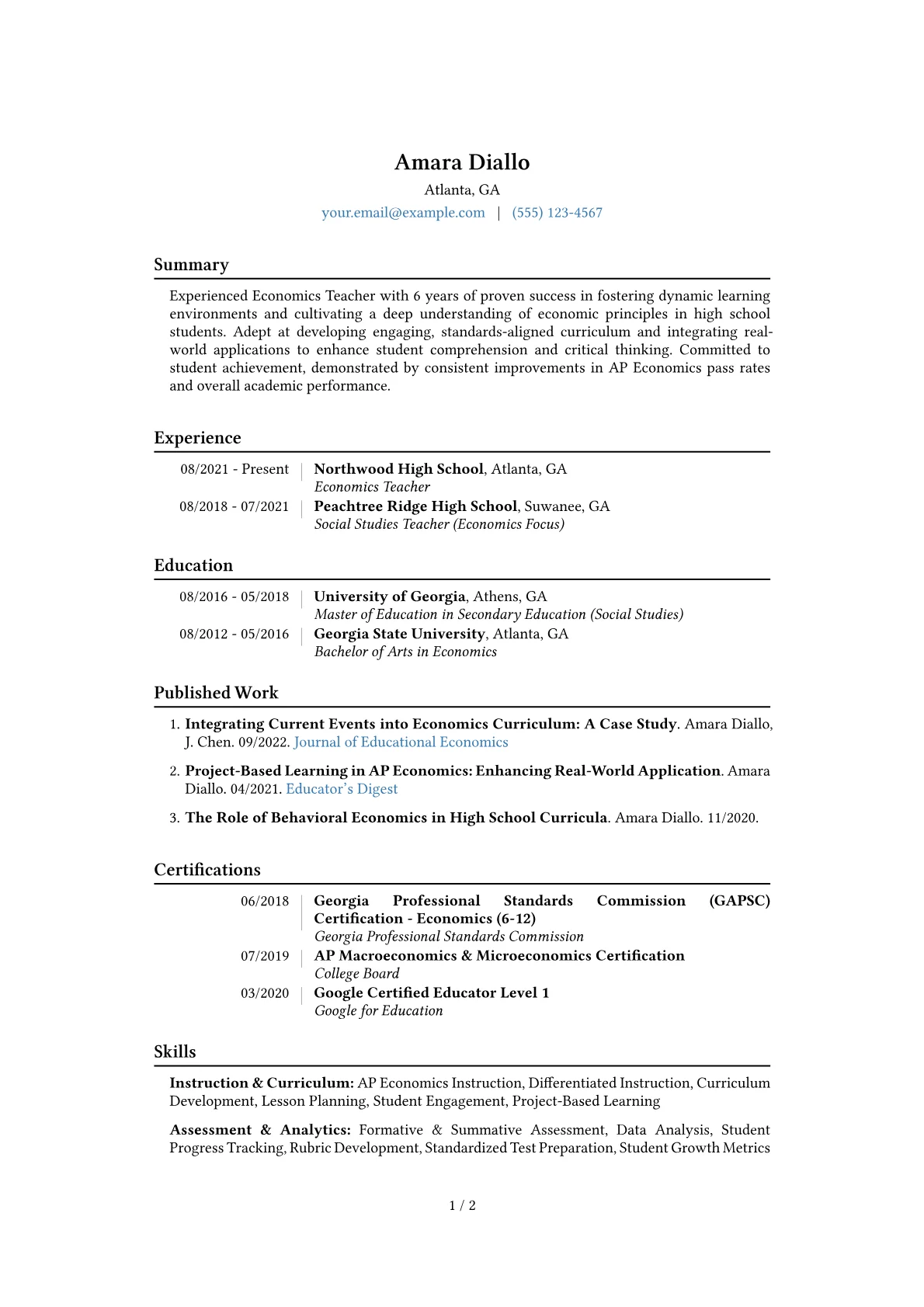 Economics Teacher Resume Example CV template - Page 1