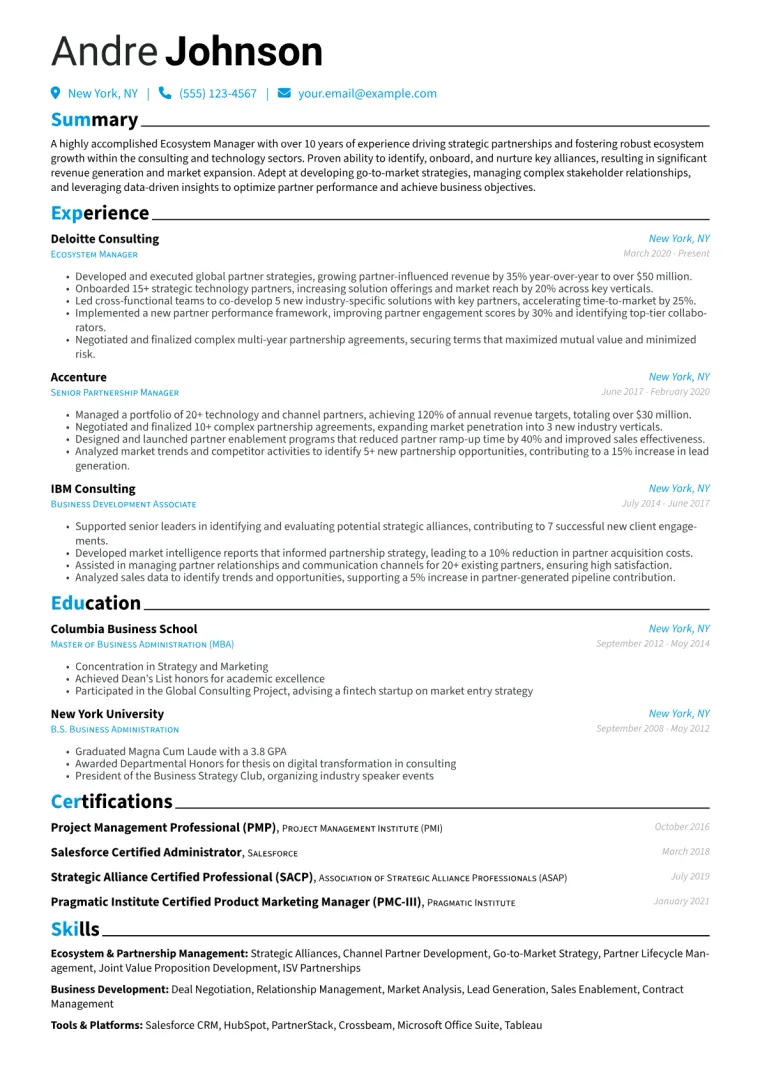 Ecosystem Manager Resume Example CV template preview