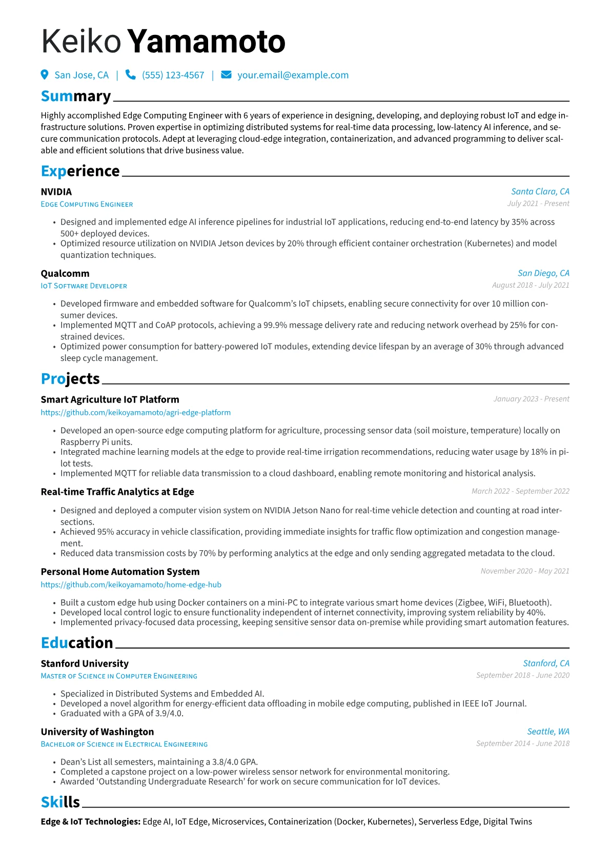Edge Computing Engineer Resume Example CV template - Page 1