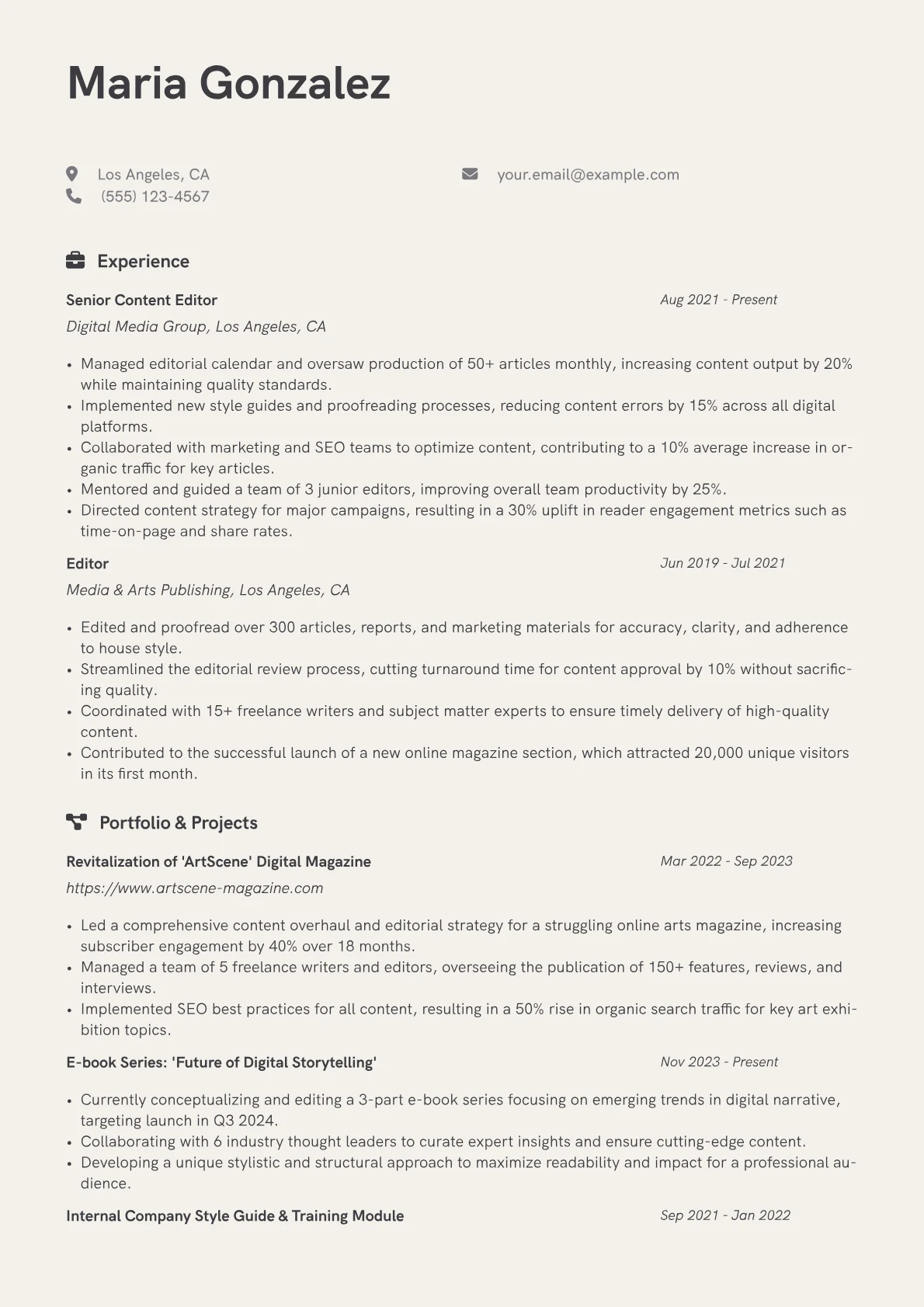 Editor Resume Example CV template - Page 1