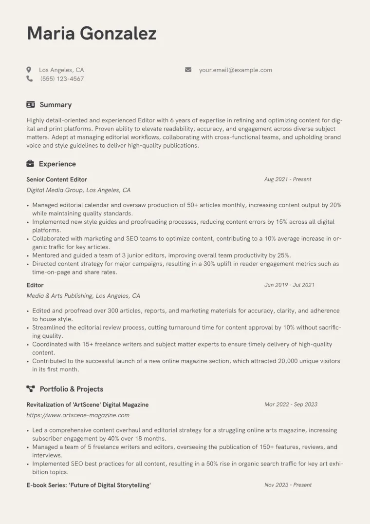 Editor Resume Example CV template preview