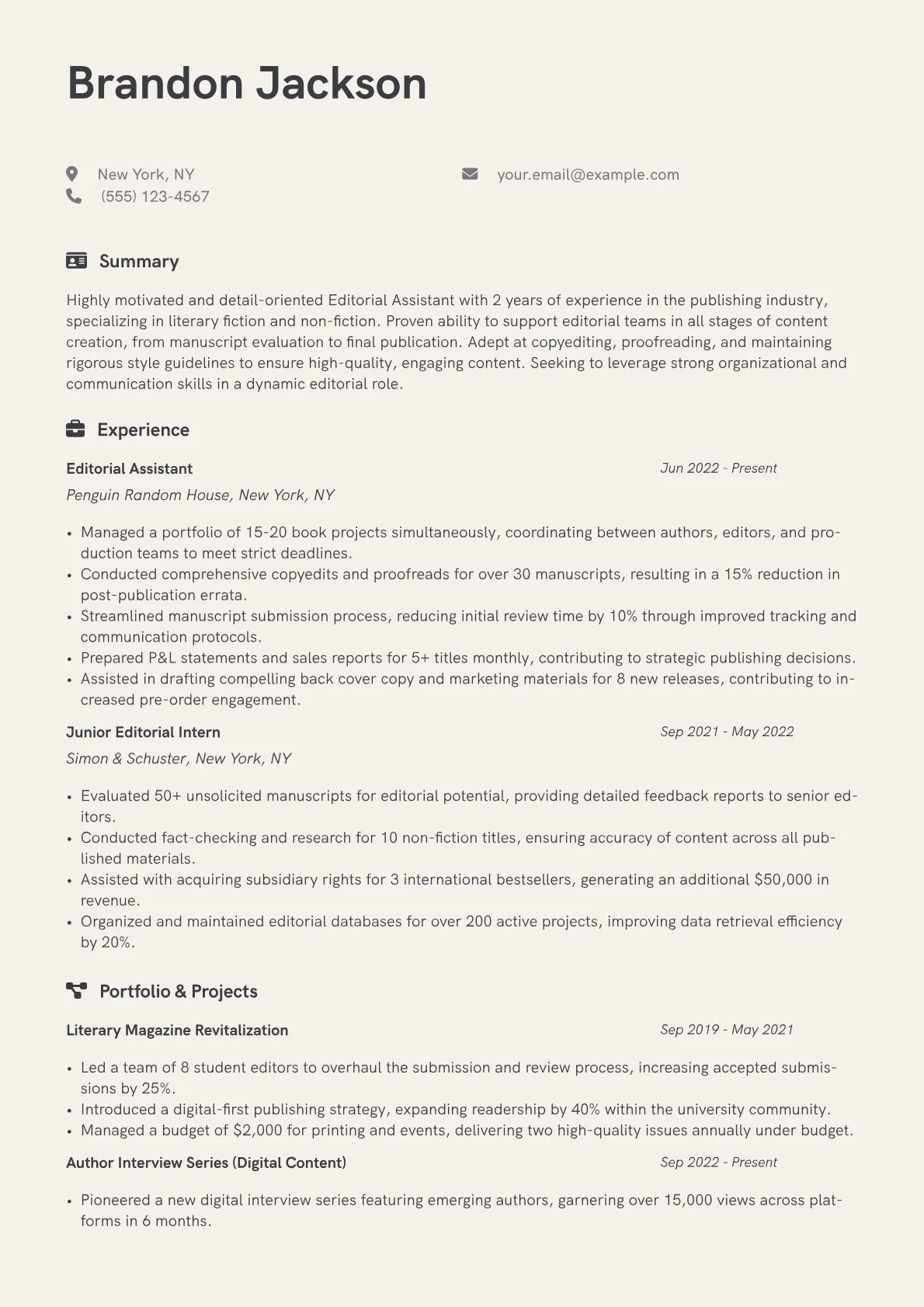 Editorial Assistant Resume Example CV template - Page 1
