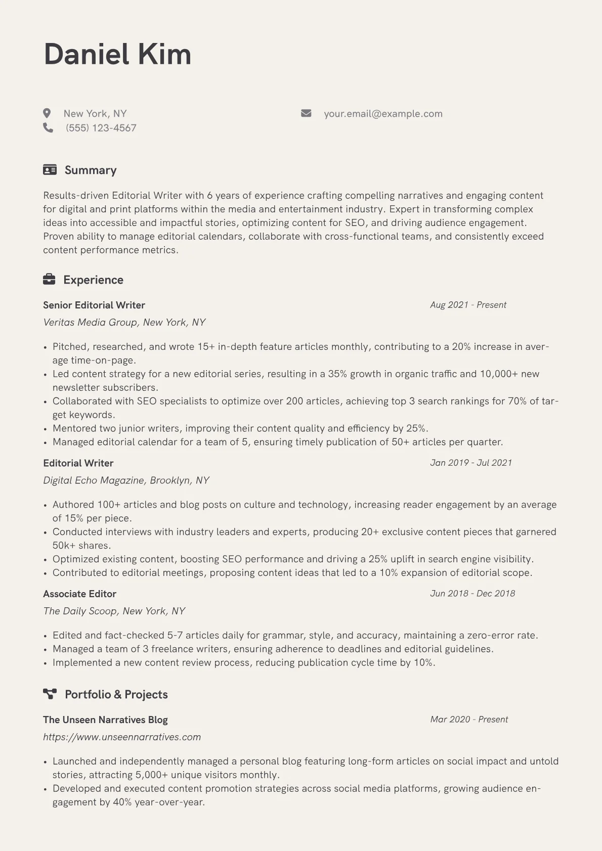 Editorial Writer Resume Example CV template - Page 1