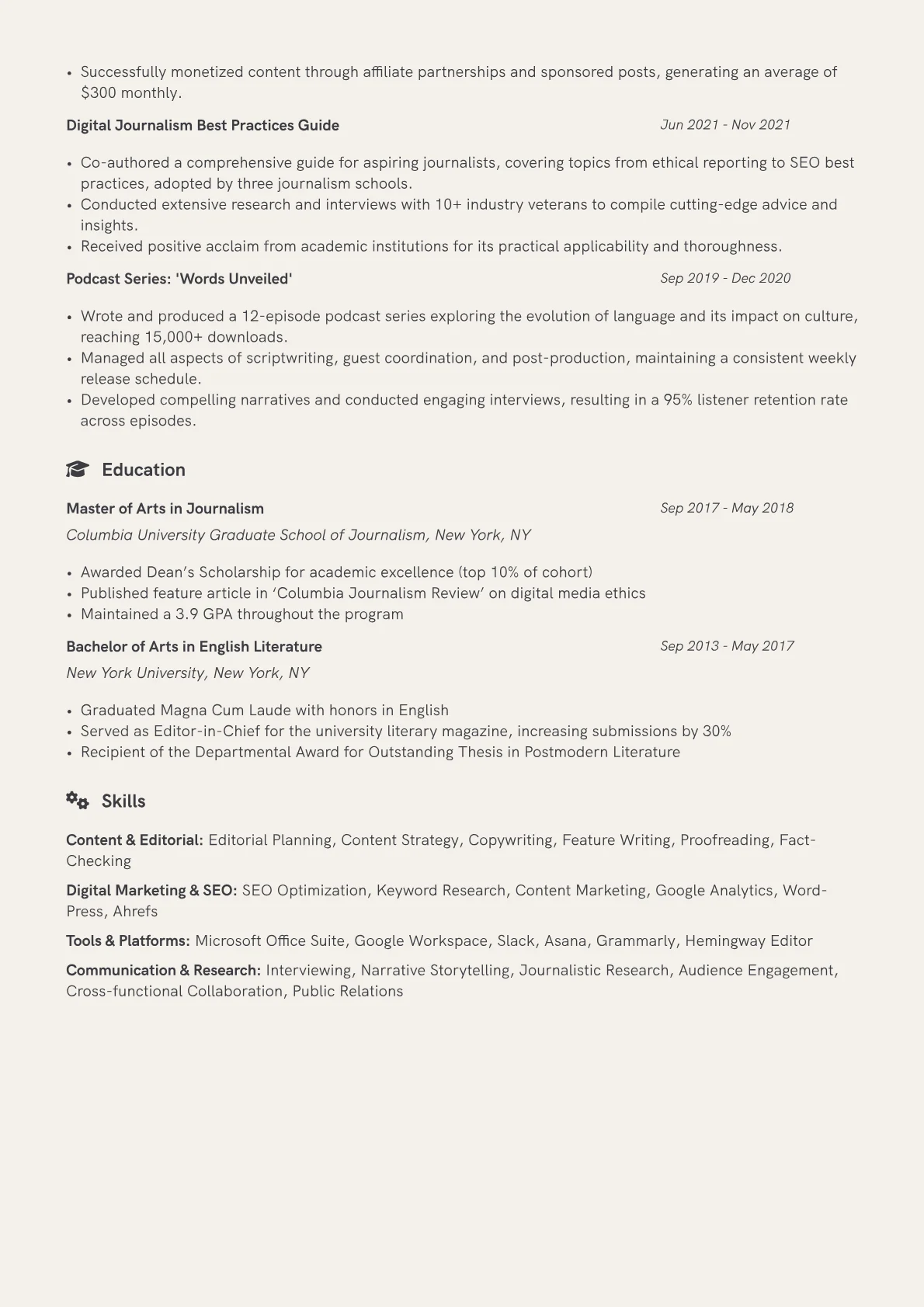 Editorial Writer Resume Example CV template - Page 2
