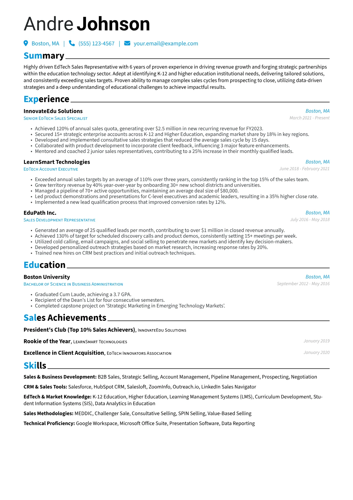 EdTech Sales Representative Resume Example CV template - Page 1